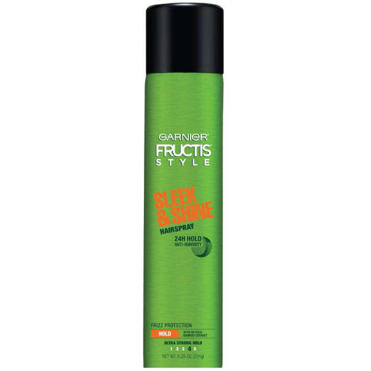 Front pack shot of Garnier Fructis Sleek & Shine hairspray.